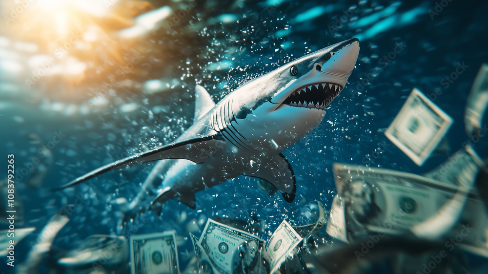 Poster sleek shark swims energetically through sea of dollar bills, creating dynamic and surreal underwater scene. sunlight filters through water, adding dramatic effect