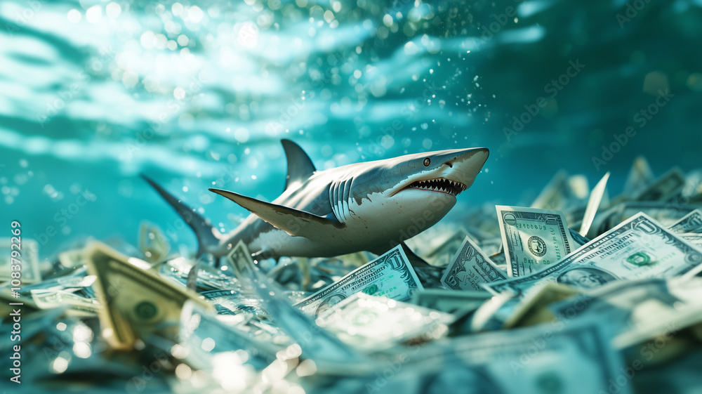Poster sleek shark swims through sea of dollar bills, creating dynamic and surreal underwater scene. image 