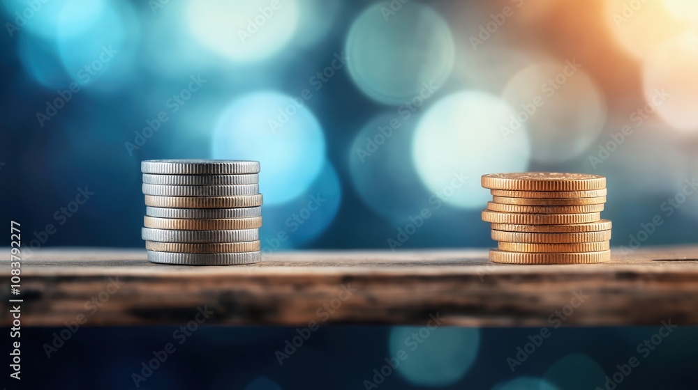 Aufkleber a visually captivating display of silver and gold coins stacked on a wooden shelf against a bokeh ba