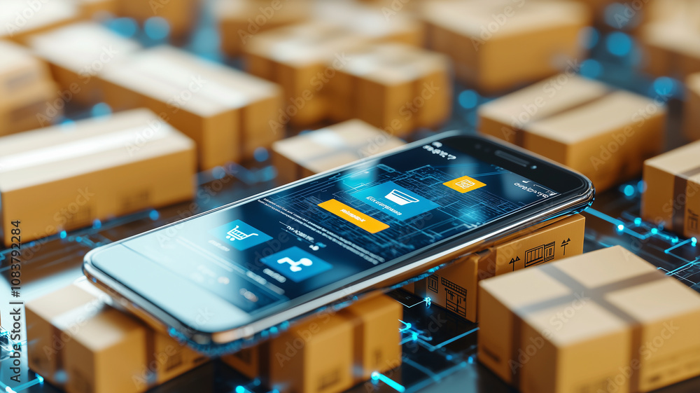 Poster smartphone displaying shopping app interface surrounded by cardboard boxes, illustrating concept of online shopping and e commerce logistics