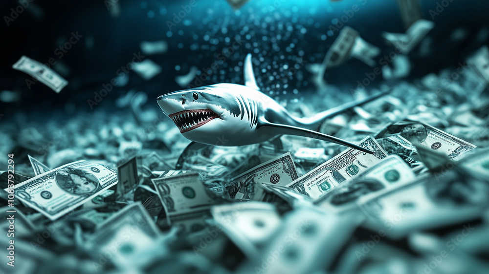 Poster sleek shark swims through sea of dollar bills, creating surreal and dynamic scene. image captures es