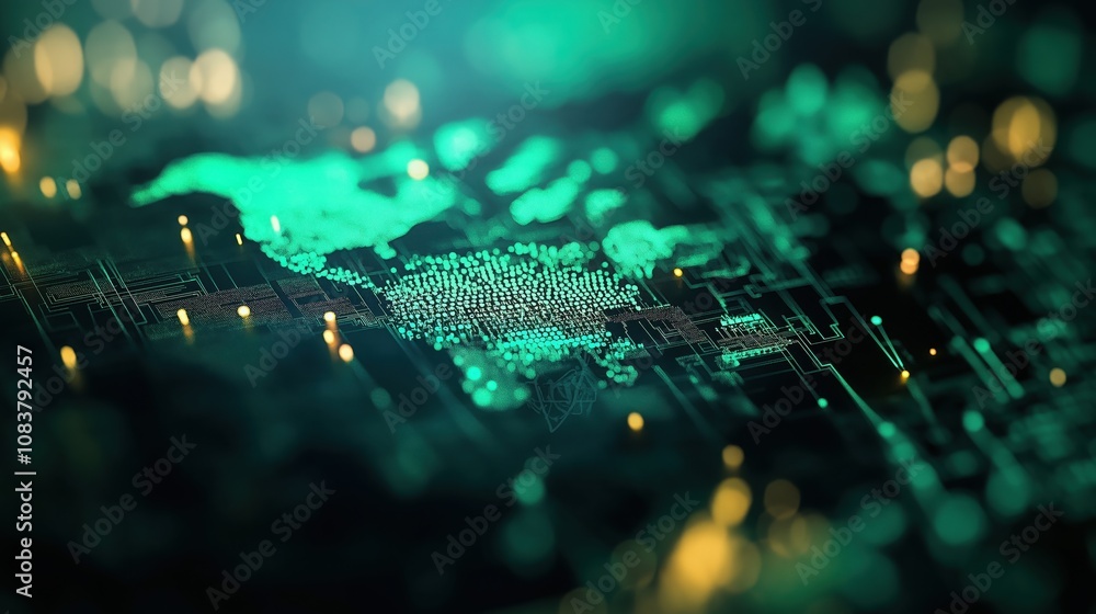 Poster an abstract digital representation featuring glowing dots and lines, resembling a network or data vi