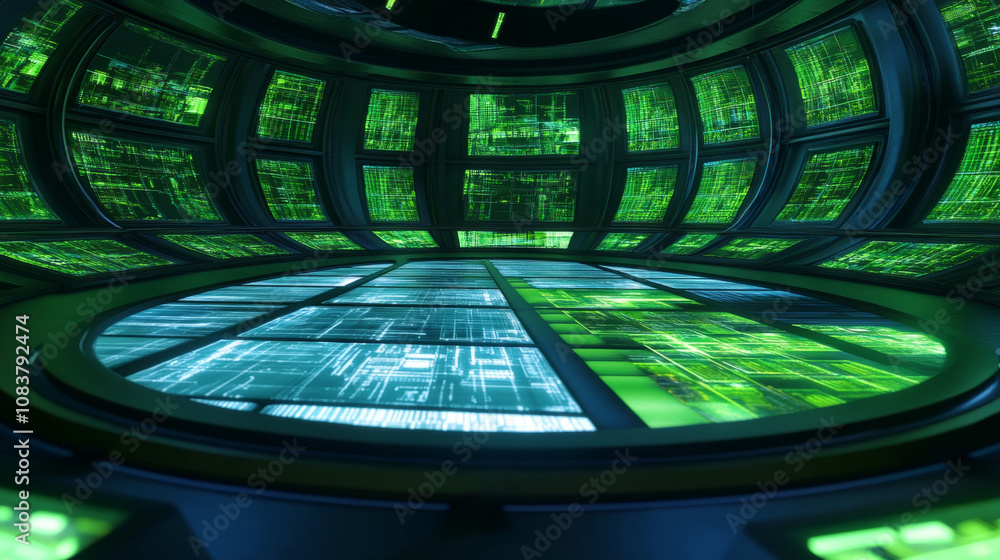 Poster a futuristic display with green and blue colors shows a grid pattern. it represents technology and s