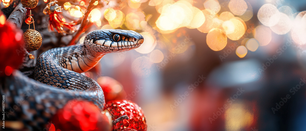Poster snake rests peacefully on branch adorned with red ornaments, surrounded by warm, glowing bokeh backg