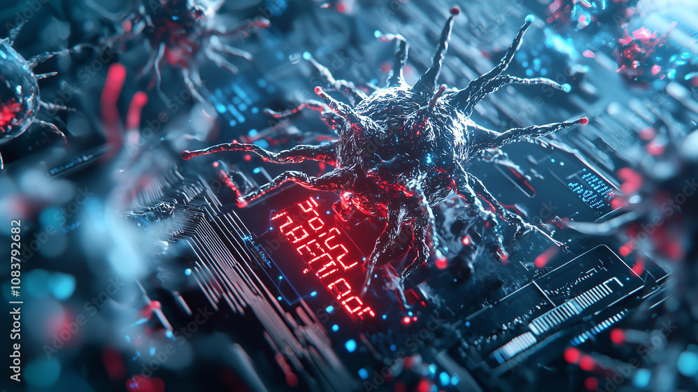 Aufkleber digital virus spreads through virtual landscape, symbolizing cyber threats and data breaches. image highlights complexity and danger of cybersecurity challenges in digital age