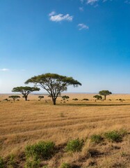 Vast Open Savannah Stretching to the Horizon, With Towering Acacia Trees Dotted Across the Landscape, Beneath a Clear Blue Sky and Gently Grazing Herds in the Distance