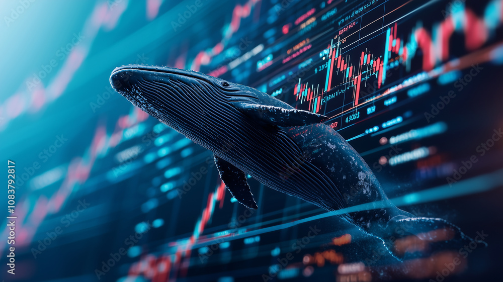 Poster whale breaching under sky filled with stock market graphs, symbolizing financial growth and market d