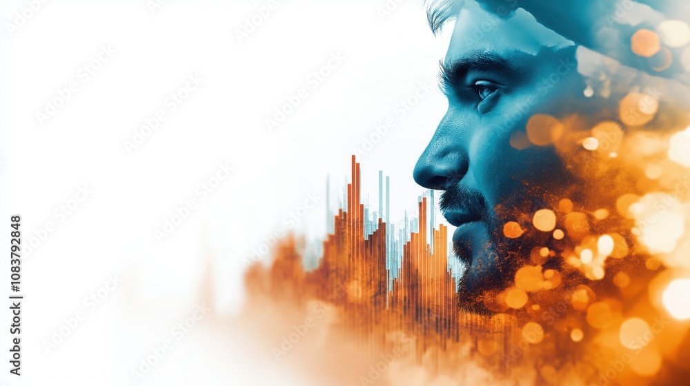 Poster a close-up profile of a man set against a vibrant, abstract background of colorful digital patterns 