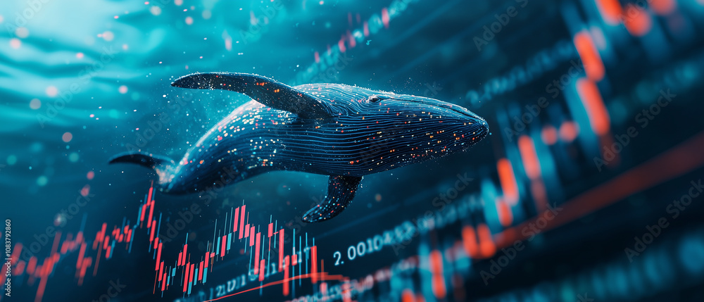 Poster digital whale swims through sea of fluctuating stock market graphs, symbolizing vast and unpredictab
