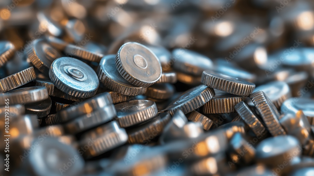 Poster a close-up view of a pile of shiny, stacked coins showcasing their intricate designs and metallic te
