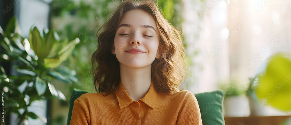 Poster young woman with serene expression enjoys peaceful moment surrounded by lush greenery and sunlight s