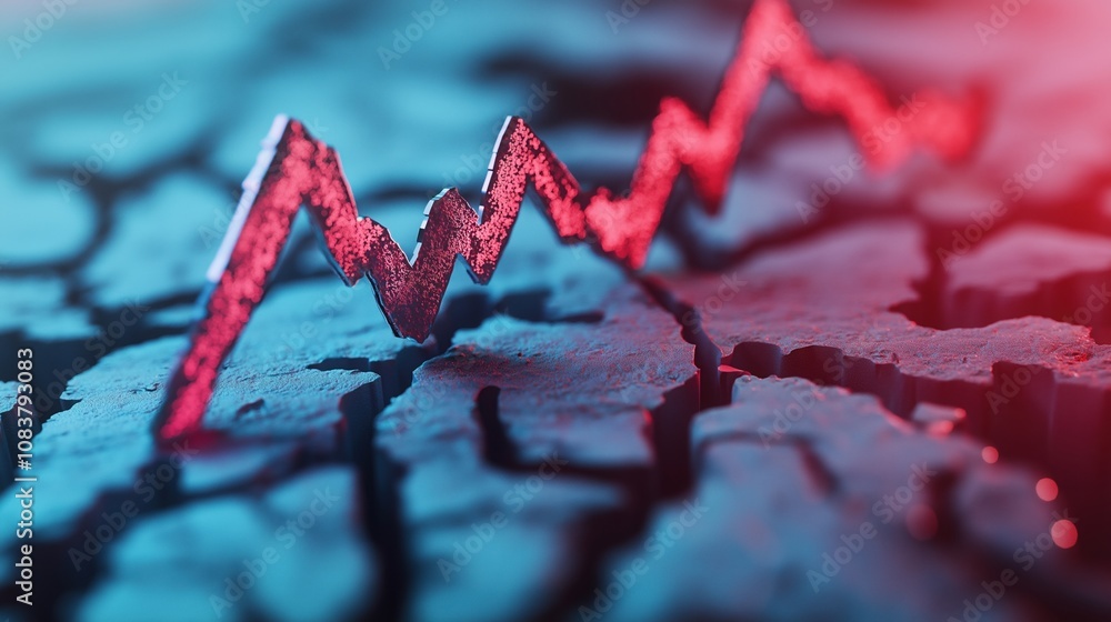 Poster a digital representation of a fluctuating line graph on a cracked surface, symbolizing volatility an