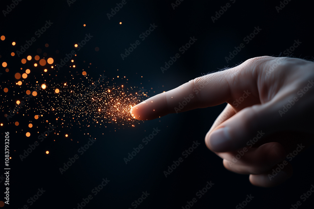 Poster hand gently touches glowing particles in dark background, creating magical and futuristic atmosphere