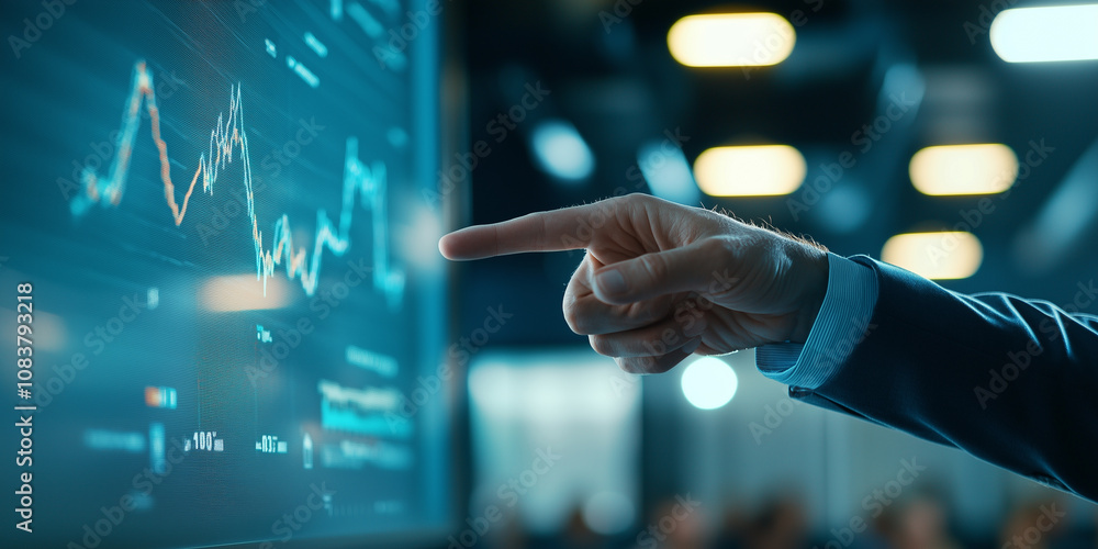 Poster business executive hand gestures towards projected financial graph, indicating analysis and strategy in modern office setting. focus is on data driven decision making and market trends
