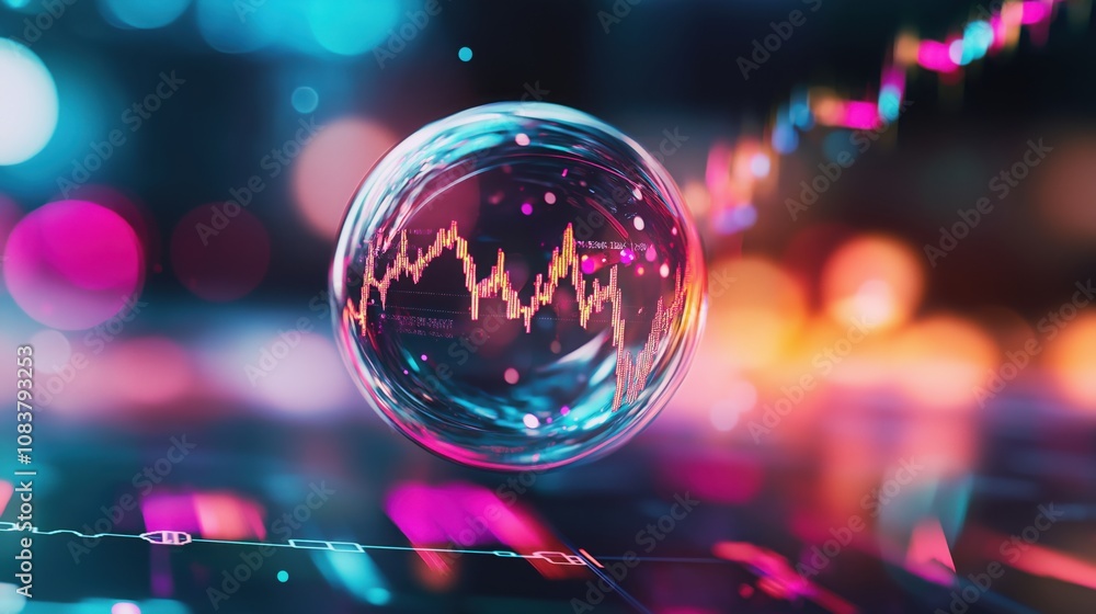 Poster a futuristic depiction of a bubble encapsulating stock market trends, set against a vibrant, abstrac