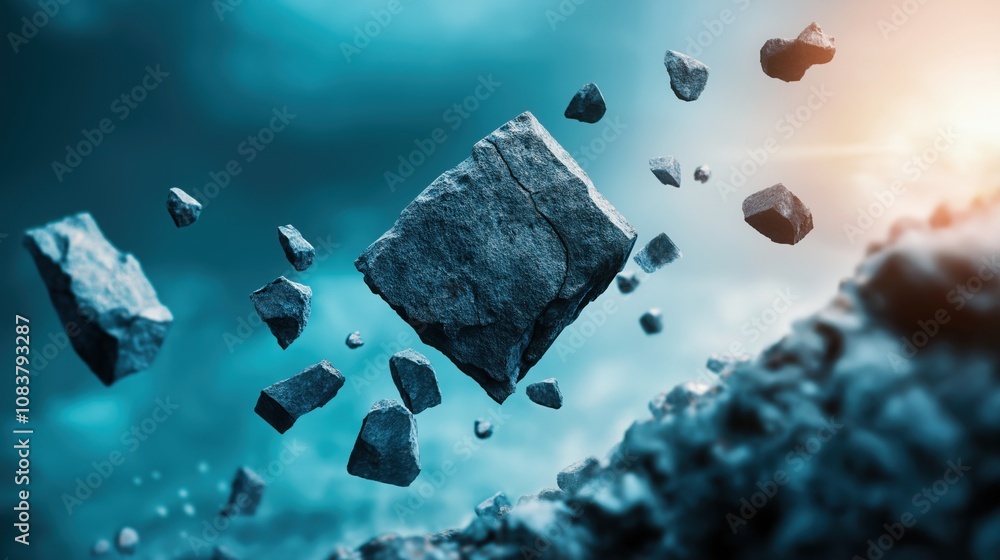 Aufkleber a surreal depiction of floating rocks in a blue and orange atmosphere, creating a sense of motion an