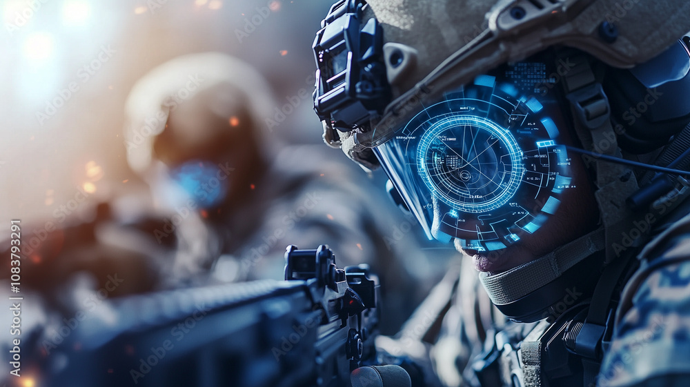 Poster special forces soldiers using advanced technology in tactical operation, showcasing futuristic helme