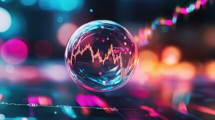 A futuristic depiction of a bubble encapsulating stock market trends, set against a vibrant, abstract background featuring colorful lights and dynamic graphs.
