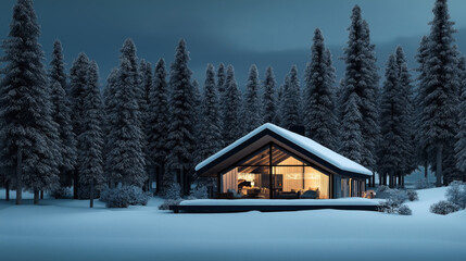 Cozy cabin in a snowy forest at night with illuminated interior and large windows, surrounded by tall snow-covered pine trees, creating a serene winter landscape.