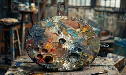 A lone, wooden artists palette with fresh paints, ready for use