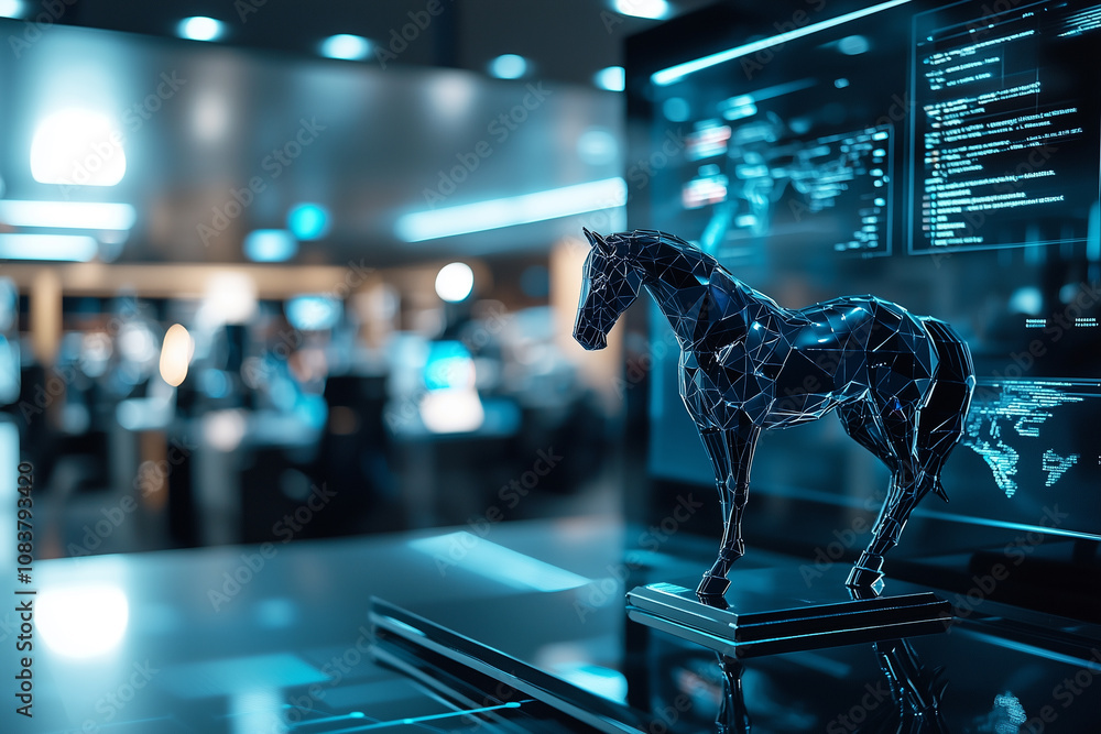 Poster dark horse sculpture stands in futuristic office, symbolizing innovation and technology. setting features digital screens and modern workspace, creating dynamic atmosphere