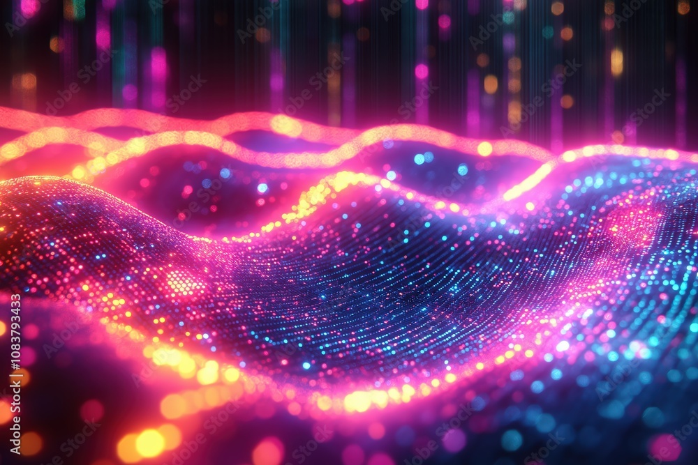 Poster colorful abstract wave pattern illuminated by glowing lights in a dark setting at night