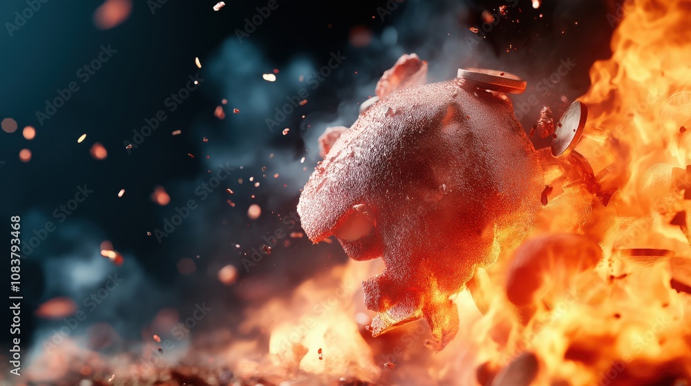 Poster a fiery explosion featuring a dynamic, textured sphere, surrounded by sparks and smoke, creating a d