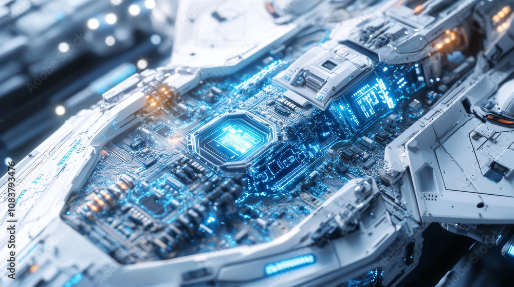 Poster a close-up view of a futuristic spaceship's microchip, showing its intricate blue circuits. the whit