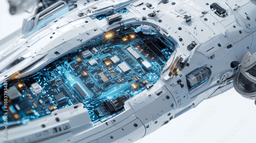 Poster a close-up view of a futuristic spaceship's microchip, showing its intricate blue circuits. the whit