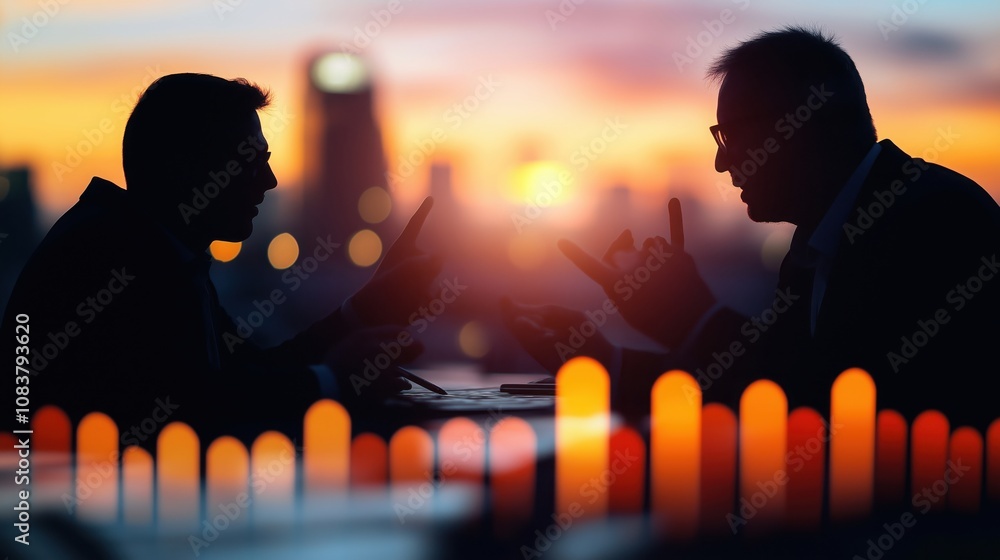 Poster two silhouetted figures engaged in animated conversation against a sunset backdrop, with audio wavef