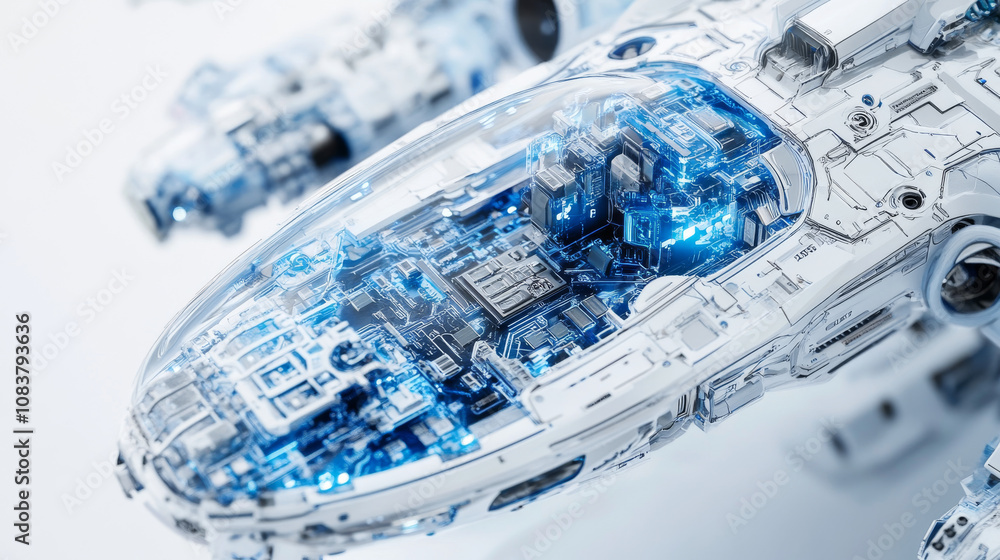 Poster a close-up view of a futuristic spaceship's microchip, showing its intricate blue circuits. the whit