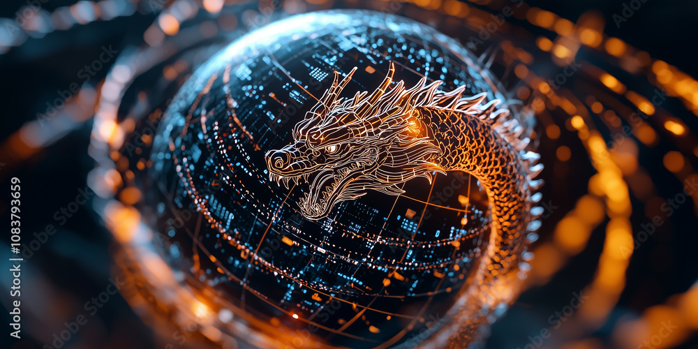 Poster glowing eastern dragon encircles digital globe with financial graphs, symbolizing global market dyna