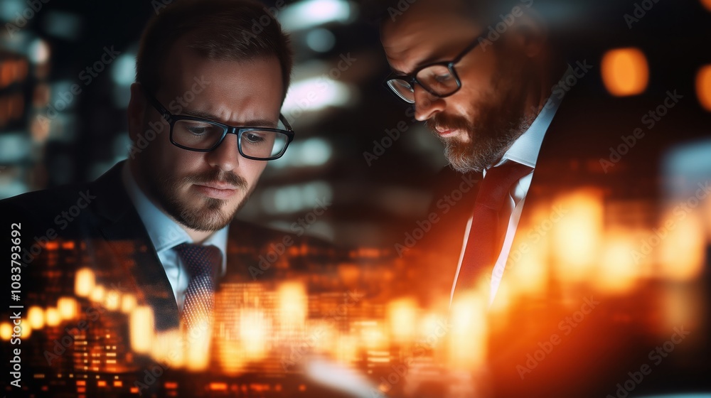 Poster two professionals in suits analyze data trends on a screen, surrounded by a dynamic, glowing graph i