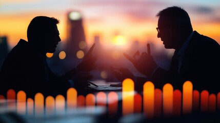 Two silhouetted figures engaged in animated conversation against a sunset backdrop, with audio waveforms suggesting themes of communication and connection.