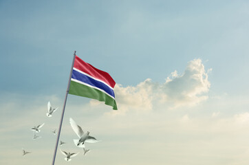 Gambia flag waving with flying doves in beautiful sky. Gambia flag for Republic Day and Independence Day.