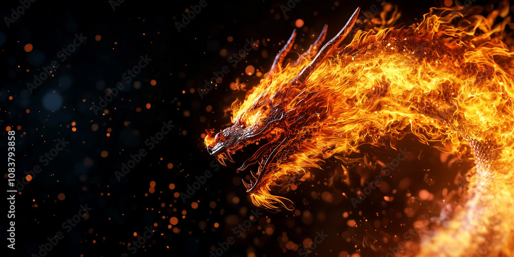 Aufkleber fiery eastern dragon with mane of flames symbolizes passion and power against dark background, creat