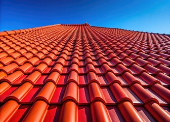 Fototapeta premium Close-Up Photograph of New Red Roof Tiles Against a Clear Blue Sky - Architectural Details, Home Renovation, and Modern Design Elements for Stock Photography