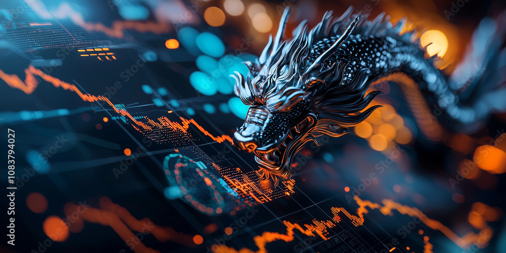 Aufkleber digital illustration of eastern dragon intertwined with stock market charts, symbolizing market vola