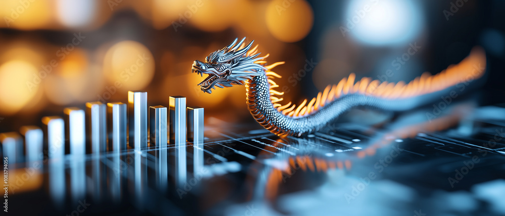 Poster majestic eastern dragon elegantly wraps around bar graph, symbolizing growth and power in digital fi
