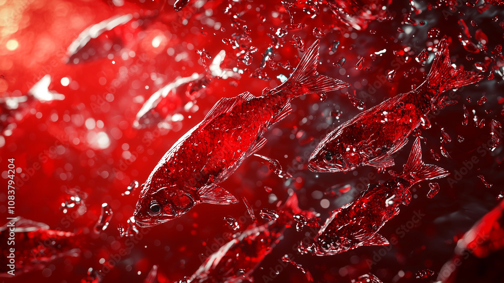 Poster school of fish swims through vibrant red ocean, creating dynamic and surreal underwater scene. vivid