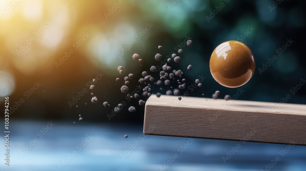 Poster a close-up of a wooden surface with a brown ball and particles splashing away, illuminated by soft l