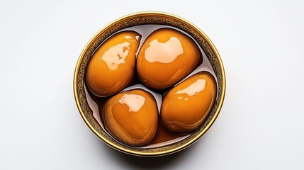 A bowl containing four glossy roasted chestnuts in syrup, inside a decorative gold-rimmed bowl on a white background.