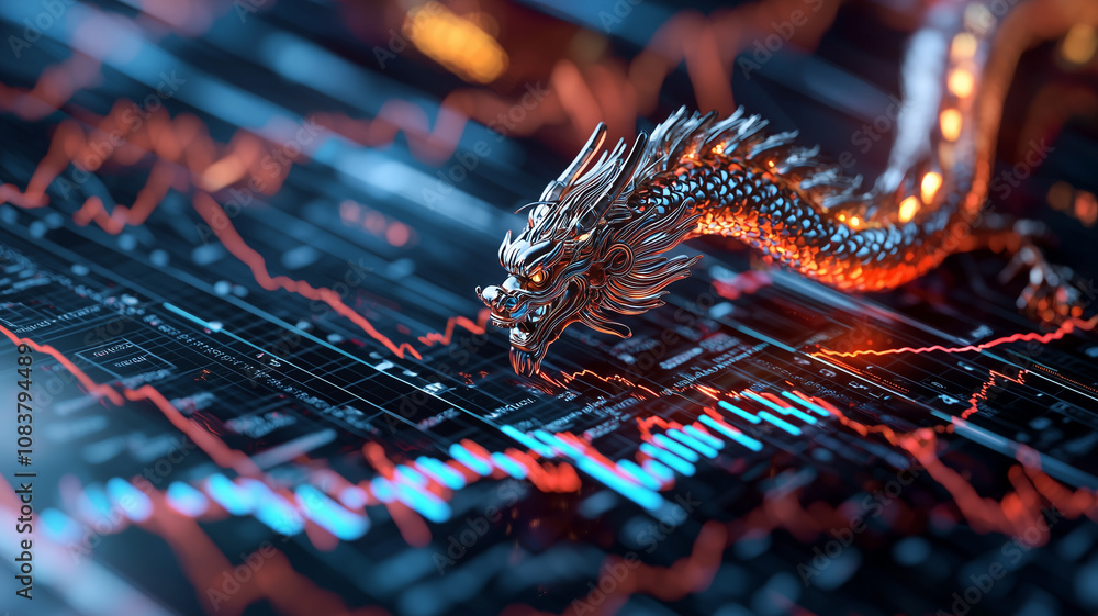 Poster majestic eastern dragon intertwines with financial graphs, symbolizing power and volatility in marke