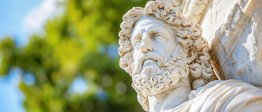 Intricate marble sculpture of Greek deity with detailed features and flowing beard, set against blurred natural background, evoking sense of timeless beauty and artistic mastery