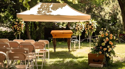 A serene outdoor funeral service setup with a wooden casket adorned with flowers and rows of chairs under a canopy.