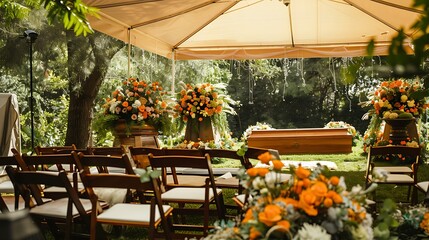A serene outdoor funeral service setup with a wooden casket adorned with flowers and rows of chairs under a canopy.