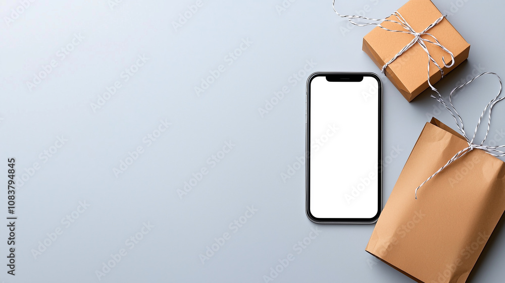 Poster smartphone with blank screen lies on table next to small gift box and paper bag, creating minimalist