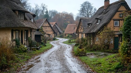 A small medieval village with thatched roofs and a narrow dirt road winding through the village with quaint rustic charm