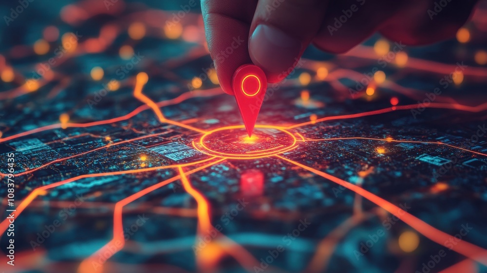 Poster hand placing red pin on digital map highlighting location with bright lights and network connections