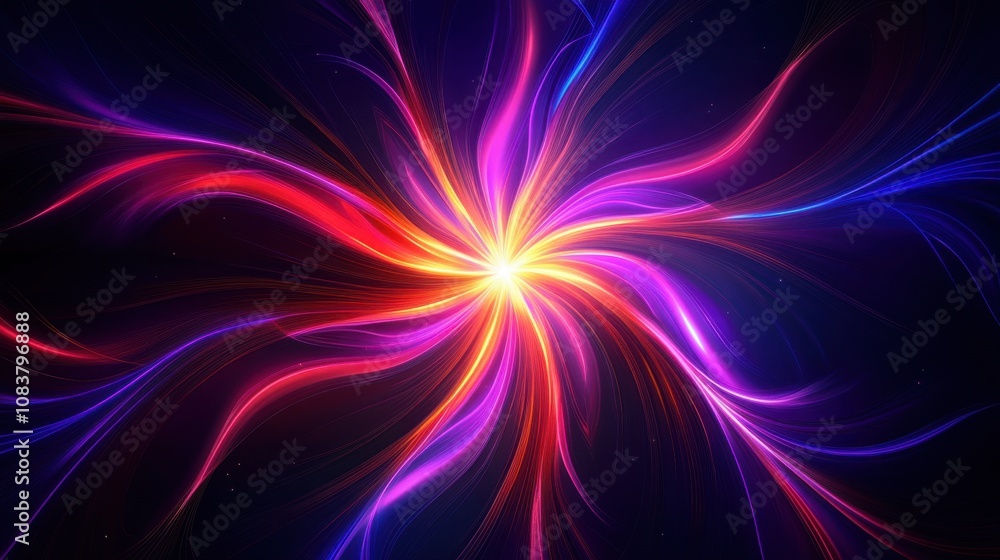 Poster vivid cosmic swirl of colorful light rays creating a mesmerizing abstract pattern against a dark bac